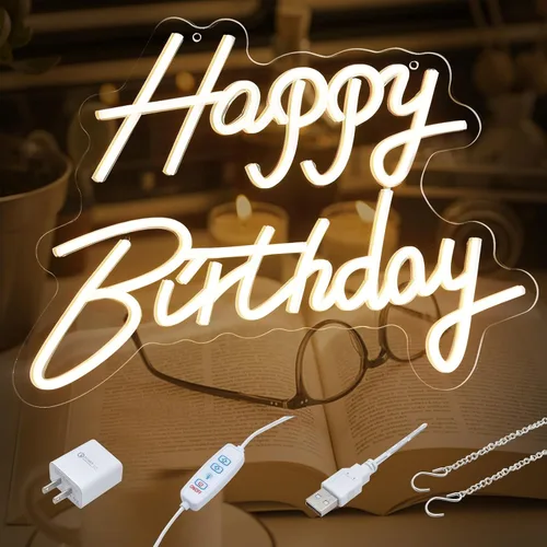 Letrero de neón de feliz cumpleaños con regulador, letrero luminoso de feliz cumpleaños, letrero de neón para telón de fondo, letrero de neón LED de