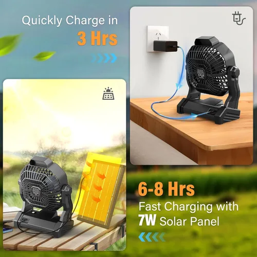 Miniatura 2 de Ventilador solar de 20000 mAh con linterna LED, ventilador de campamento con panel solar, 7 W recargable para exteriores, ventilador silencioso