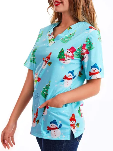 Miniatura 4 de Camisa de cuello en V con estampado de Navidad, muñeco de nieve azul claro