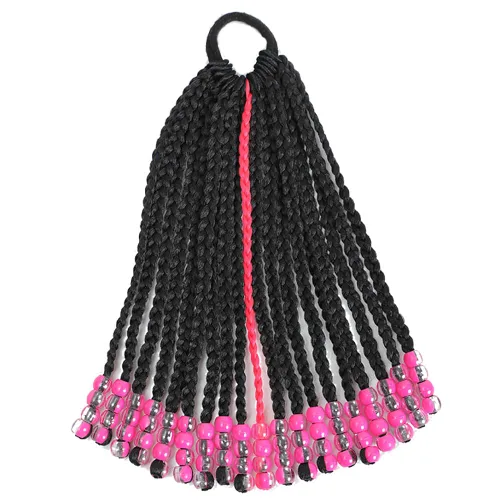 Miniatura 7 de Kid's Summer Paquete de 2 extensiones de cola de caballo para niños con cuentas, trenzas de caja, extensiones de cabello sintético para bebés, Rosa