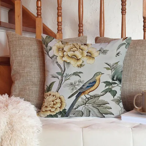 Miniatura 6 de ArogGeld Funda de cojín para sofá de granja con diseño de pájaro chinoiserie amarillo y gris, peonía, pavo real, decoración del hogar, funda