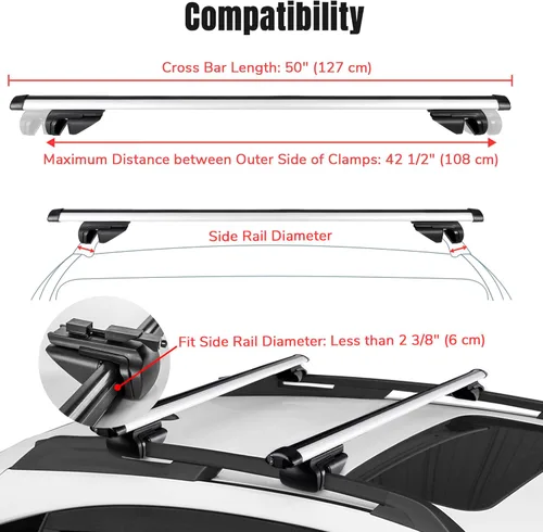 Miniatura 3 de Yescom Portaequipajes universales de aluminio de 50 pulgadas, barra de riel transversal de carga para equipaje, abrazadera ajustable para SUV