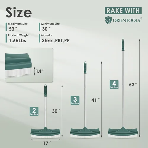 ORIENTOOLS Rastrillo de césped artificial, rastrillo de césped curvado con mango de acero ajustable de 4 secciones de 30 a 53 pulgadas, cepillo