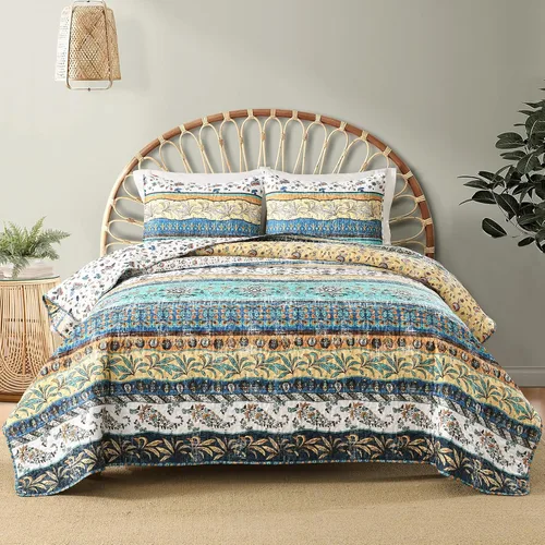 Miniatura 15 de HORIMOTE HOME Juego de edredón bohemio tamaño individual, color azul, bohemio, floral, suave, ligero, para todas las estaciones, colcha de granja