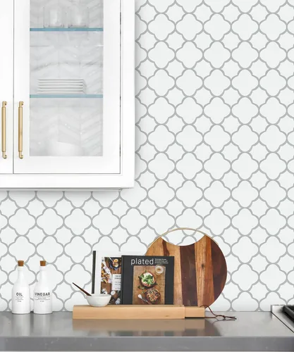 Miniatura 3 de GloryTik - Papel pintado autoadhesivo gris y blanco para despegar y pegar, con diseño de enrejado moderno, removible, geométrico, impermeable