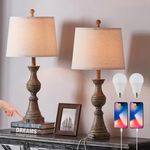Miniatura 9 de Juego de 2 lámparas de noche plateadas de 28 pulgadas para dormitorio, lámpara de mesa moderna con puerto de carga USB para mesa auxiliar de sala
