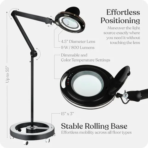 Miniatura 5 de Brightech Lightview Pro - Lupa con soporte y luz, lámpara de pie con lupa con base rodante de 6 ruedas para tratamientos faciales y pestañas, luz