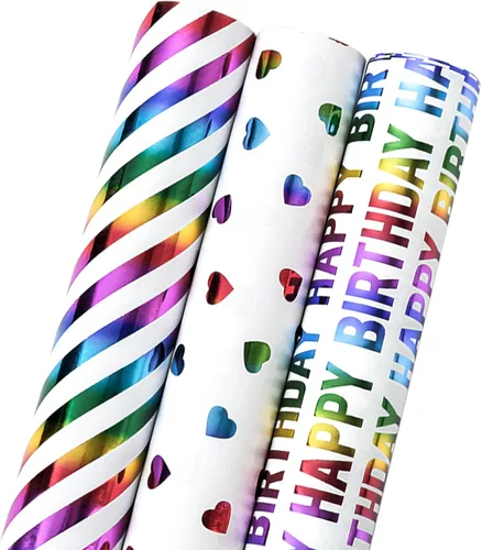 Miniatura 23 de MAYPLUSS rollo de papel de regalo para cumpleaños - mini rollo - 17 pulgadas x 120 pulgadas por rollo - tiras de globo rojo, letras de feliz Feliz