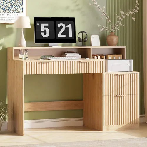 Vabches Fluted Computer Desk with Power Outlets, Home Office Desk with Drawers, Printer Stand, Wood Computer Desk with Long Monitor Stand, Oak