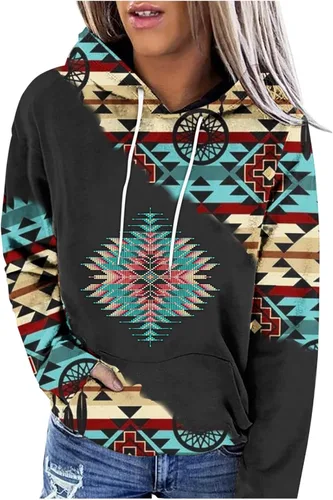Miniatura 14 de Sudaderas con capucha azteca occidental para mujer, sudaderas de manga larga con gráficos vintage, camisetas de vaquera, ropa 2023