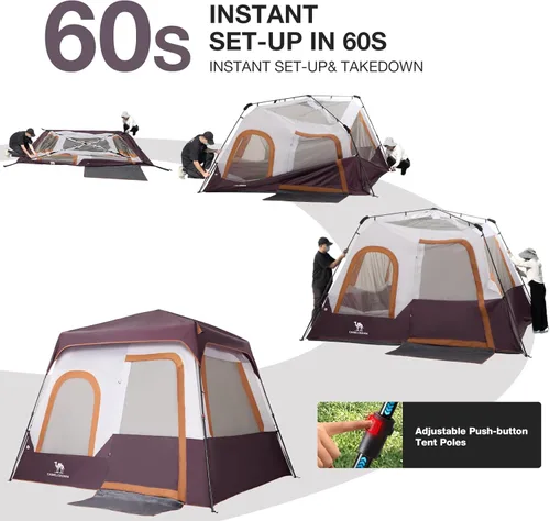 Miniatura 7 de CAMEL CROWN 4/6 Person Instant Cabin Tent, Pop Up Windproof Tents for Camping, 60-Second Setup Family Tent with Carry Bag for Outdoor Hiking Uva rojo