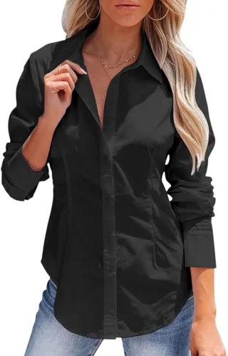 Miniatura 10 de Camisas con botones para mujer, camisas de vestir de manga larga, sin arrugas, cuello para el trabajo, oficina, blusas sólidas, blusas ajustadas