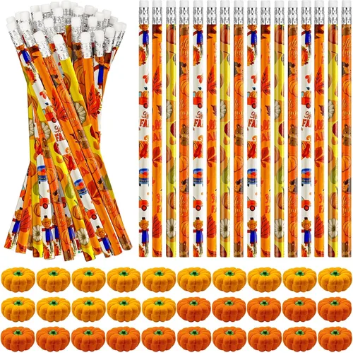 Cinrobiye 60 piezas de lápices de otoño para el día de Acción de Gracias con borrador de calabaza, suministros a granel para fiestas de otoño,
