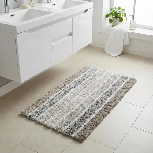 Miniatura 3 de Juego de 2 tapetes de baño de algodón con rayas alpinas, 21 x 32/17 x 24 pulgadas, color gris claro, antideslizantes, de secado rápido, suaves