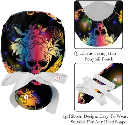 Miniatura 4 de 2 gorras Bouffant con botón bolsa de cola de caballo de algodón, banda para el sudor, gorra quirúrgica ajustable, diseño retro, calaveras florales