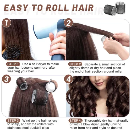 Miniatura 6 de Juego de rodillos grandes para el cabello, 24 piezas con 12 rodillos jumbo y 12 clips para volumen de cabello largo y grueso (negro)