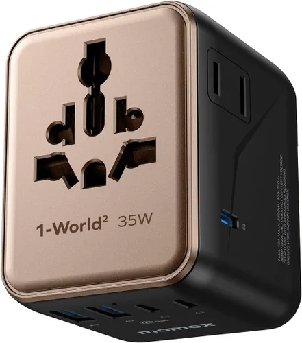 Miniatura 12 de MOMAX Mini Adaptador de Viaje Universal 7 en 1, Adaptador de Corriente Internacional GaN 70W, 2 AC, 3 USB-C PD de Carga Rápida y 2 USB-A QC, Negro
