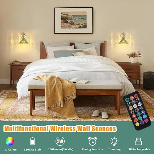 Miniatura 4 de Shenmoyl - Aplique de pared que funciona con pilas, lámparas de pared vintage recargables con pantalla de vidrio de lirio verde, lámpara de pared