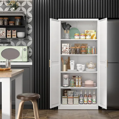Miniatura 4 de SteeLoong - Gabinete de despensa de cocina, gabinete de almacenamiento de metal blanco de 71" con puertas y 4 estantes ajustables, gabinete