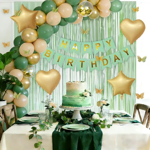 Miniatura 3 de Decoraciones de cumpleaños verde salvia con pancarta de feliz cumpleaños, cortinas, globos de corazón y estrella, decoración de mariposa y luz LED