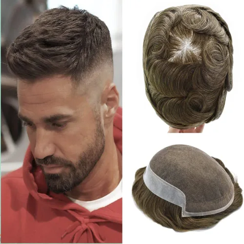 Miniatura 35 de Toupee para hombres sistemas de reemplazo de piel sintética con encaje suizo para hombre, nudos blanqueados, línea capilar natural para hombres