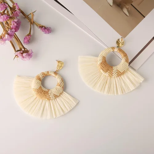 Miniatura 4 de STWTR Pendientes de rafia grandes, ligeros, geométricos, con flecos, trenzados, bohemios, hechos a mano, paja, trenzados, de mimbre, para mujeres
