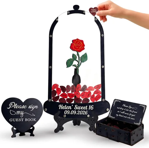 Miniatura 13 de Quinceanera Guest Book Alternative, Personalized Wooden Acrylic Princess Dress Frame with Butterfly Drop Chips, Custom Name Date Sign in Keepsake Set