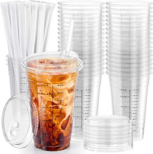 Paquete de 102 tazas de café helado Ratio Lines de 20 onzas con tapas y popotes, sin adivinar bebidas consistentes, vasos desechables de plástico