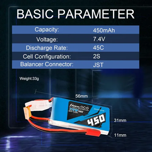 Miniatura 2 de Gens ace 2S Lipo Batería 7.4V 450mAh 45C Lipo Batería con enchufe JST-SYP para helicóptero 250 y avión pequeño