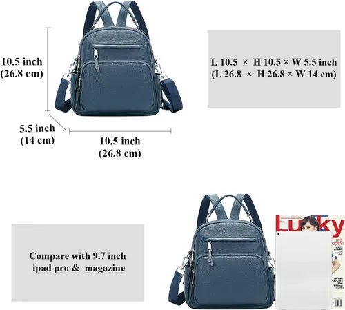 Miniatura 5 de ALTOSY Mochila de cuero genuino para mujer, pequeña mochila convertible bolso para damas, bolso de hombro 4 en 1 para llevar, azul, (Linen Blue)