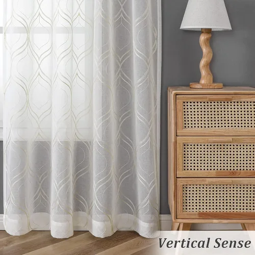Miniatura 5 de VISIONTEX Cortinas traslúcidas blancas de 63 pulgadas de largo, juego de 2 paneles de bordado marroquí con puntos beige, tela de gasa bordada