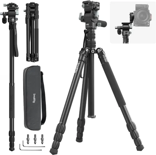 SmallRig CT195 Kit de trípode de video, trípode de cámara de 73 pulgadas con cabezal fluido de inclinación panorámica para disparo