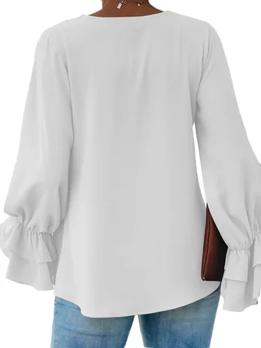 Miniatura 2 de LYANER Blusa casual de manga larga con cuello en V y volantes para mujer