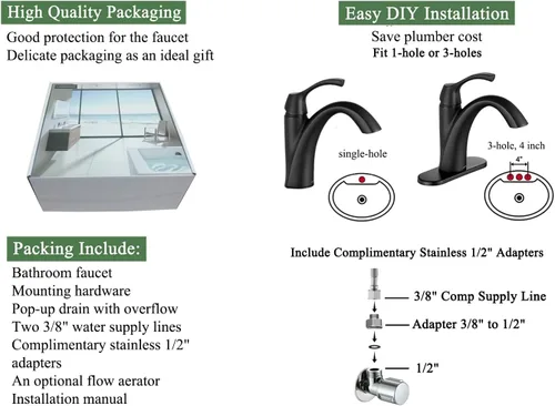 Miniatura 5 de TimeArrow TAF206-MB TAF206-MB - Grifo para lavabo de baño, negro mate, grifo de baño de una sola manija para 1 agujero con placa de cubierta de 3