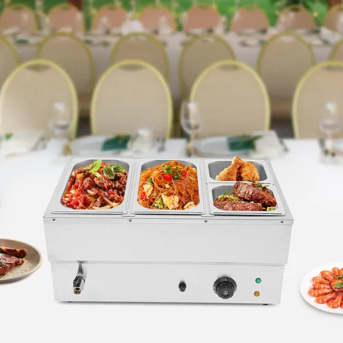 Miniatura 9 de Calentador de sopa de alimentos de 110 V, 4 sartenes, mesa de acero inoxidable de grado alimenticio, encimera comercial, cafetería de buffet
