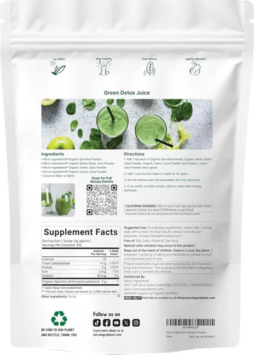 Miniatura 7 de Micro Ingredients Espirulina en polvo orgánica, 2 libras Algas azul-verde, rico en proteínas veganas, vitaminas y minerales Fuente de clorofila