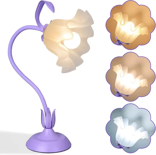 Lámpara de escritorio de noche vintage con flores, 3 modos de color con bombilla E26, lámpara de mesa pequeña LED única de cuello de ganso para sala