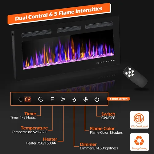 Miniatura 2 de BETELNUT Chimenea eléctrica de 40 pulgadas montada en la pared y empotrada con control remoto, calentador de chimenea de pared ultrafino de 750/1500