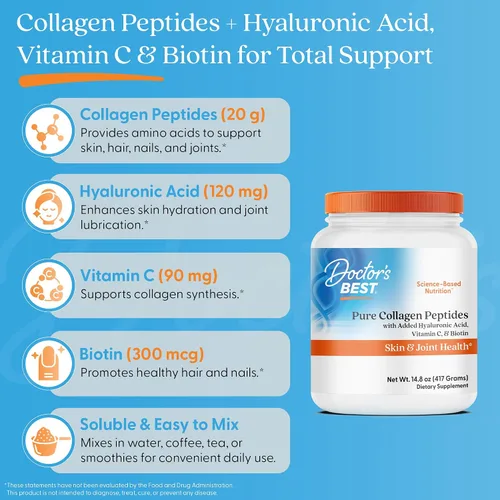 Miniatura 5 de Doctor's BEST Péptidos de colágeno puro con ácido hialurónico, suplemento de colágeno en polvo para mujeres y hombres, sin sabor, 0.63 oz