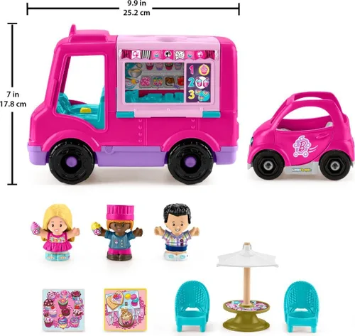 Miniatura 6 de Fisher-Price Little People Barbie Camion de Cupcakes Musical - Juego de juguete con 9 piezas para juego de simulación para niños de 18+ meses