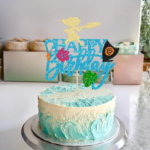 Miniatura 5 de Gyufise 1 pieza de decoración para pastel de cumpleaños Moana con purpurina de hoja de palma, flor de moana para pastel tropical hawaiano Luau, baby