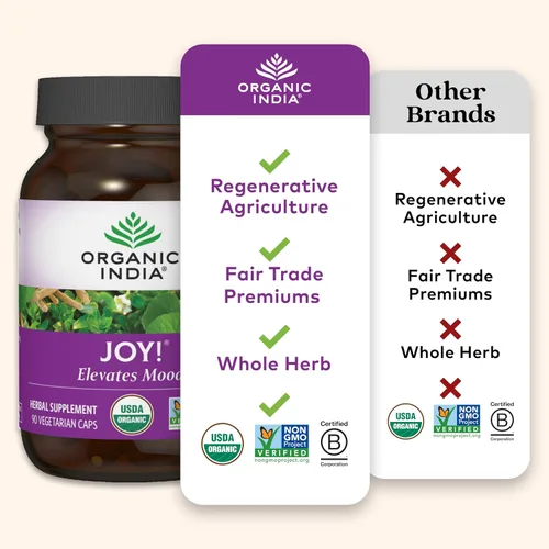 Miniatura 4 de ORGANIC INDIA Joy Suplemento de hierbas – Apoyo inmunológico, promueve la memoria y la concentración, vegano, sin gluten, Kosher, certificado