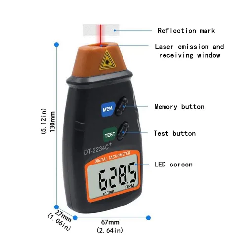 Miniatura 4 de Tacómetro digital láser, AIOMEST Medidor de velocidad sin contacto RPM, probador fotográfico RPM que mide 2.5-99,999 RPM, velocímetro de mano
