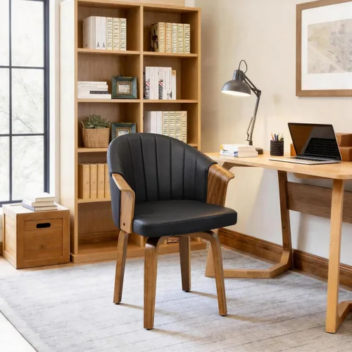 Miniatura 4 de Art Leon Silla de escritorio sin ruedas, silla giratoria moderna de mediados de siglo, silla de escritorio de piel sintética para oficina en casa