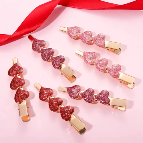 Miniatura 5 de Pinzas para el cabello para el día de San Valentín con purpurina en forma de corazón de cocodrilo, clip de metal con diamantes de imitación