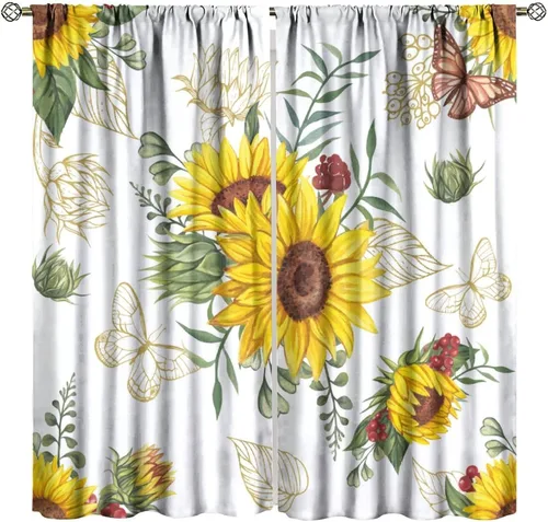 Cortinas opacas de girasol, diseño natural, de granja, floral, con bolsillo para barra, para ventana, para dormitorio, sala de estar, 42 x 45