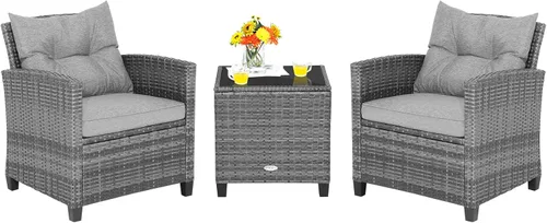 Miniatura 15 de Tangkula Juego de muebles de patio de 3 piezas, mimbre de ratán PE, juego de sofá de 3 piezas para exteriores con cojín lavable y superficie de mesa