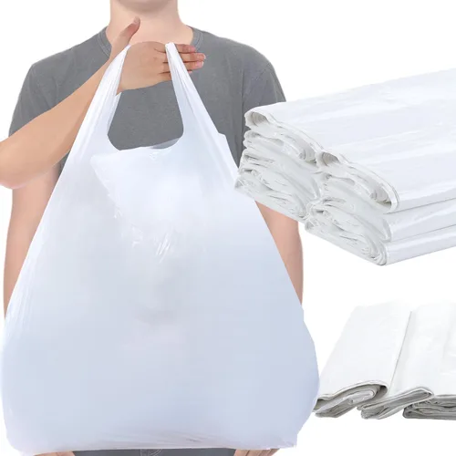 Miniatura 8 de Kisston 400 bolsas de plástico para camisetas de tamaño jumbo con asas, 35 micrófonos, bolsas grandes de plástico liso para comestibles, gruesas
