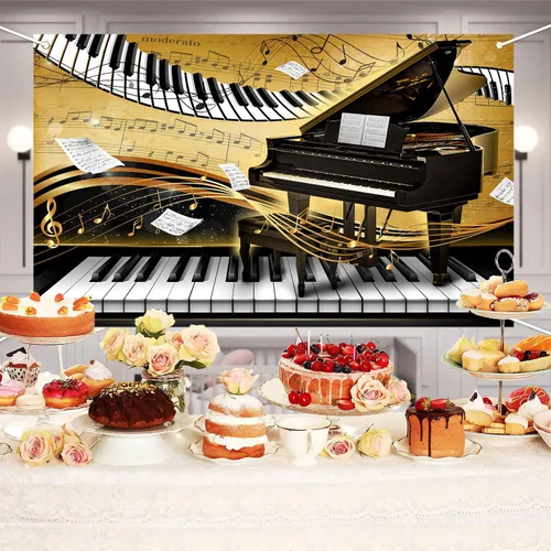 Miniatura 4 de Telón de fondo con tema de piano de 7 x 5 pies, notas musicales doradas, fondo de foto, tema musical, decoración de fiesta de cumpleaños, pancarta