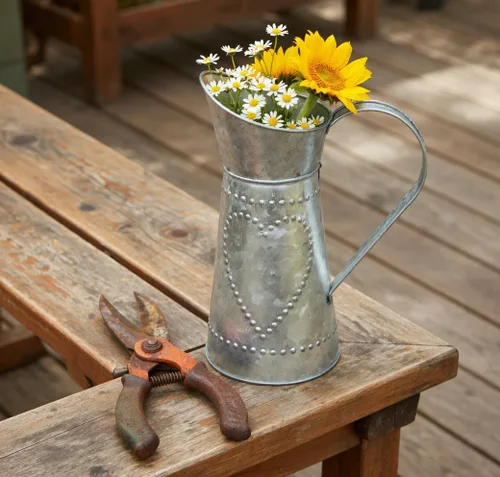 Miniatura 5 de Hosley Jarrón de metal galvanizado de 9.25 pulgadas – Jarrón rústico de arreglo floral de granja para decoración del hogar, cocina, boda y eventos